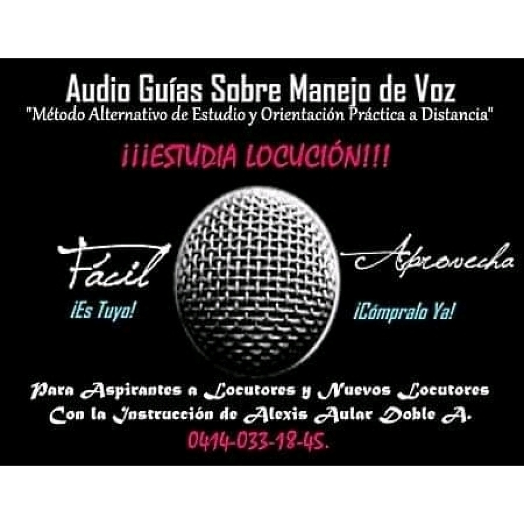 Estudia Locución, voz y dicción en la comodidad de tu hogar. Son 12 audios, más 2 libros en formato Pdf y la guía teórica para que te ejercites y aprendas Locución en tu casa. Mejora tu Voz y tu Dicción. Tu decides cuándo cómo y dónde.